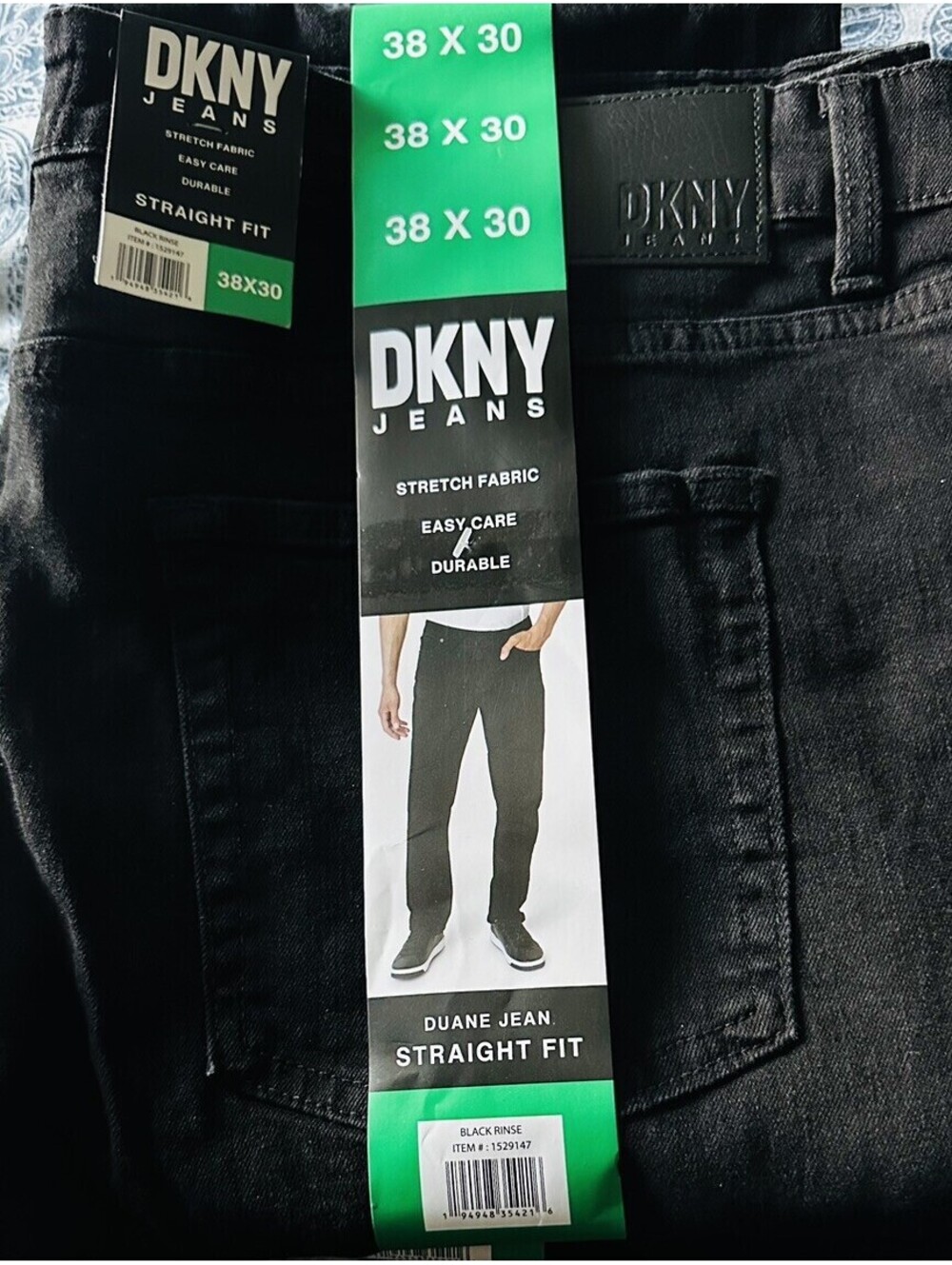 DKNY Men’s Straight Fit Easy Care Durable Strech Fabric Black Rinse Jeans 38*30